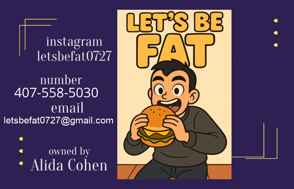 Let's Be Fat contact card with Instagram, phone, and email